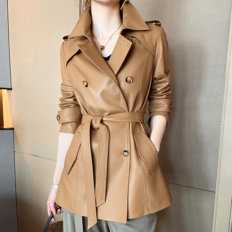 New Trench Coat Sheepskin Leather Shirt Long Bomber Jacket Genuine Leather Jacket With Belt 