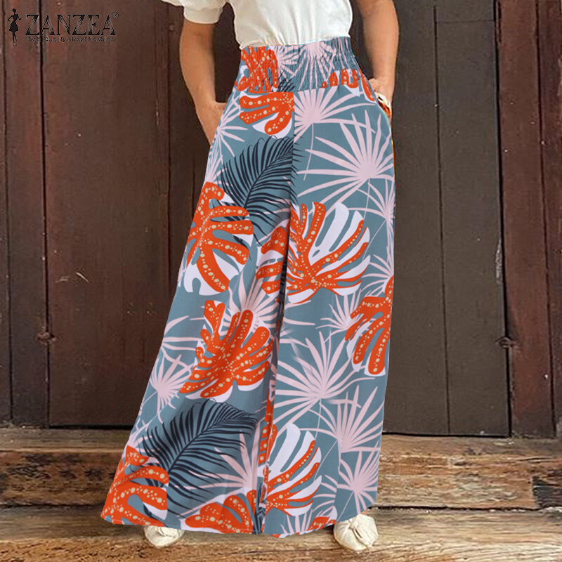 [Clearance Sale]ZANZEA Womens Trousers Palazzo Elastic High Waist Casual Loose Printed Long Pants CLE
