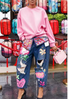 Chic Women Spring Floral Embroidery Diamonds Beaded Holes Denim Pants High Waist Loose Rhinestones Jeans Cowboy Broken Trousers