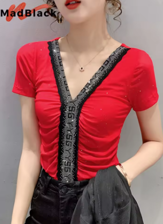 MadBlack Summer European Clothes T-Shirt Sexy V-Neck Draped Mesh Patchwork Letter Diamonds Women Tops Short Sleeve Tees T25512L
