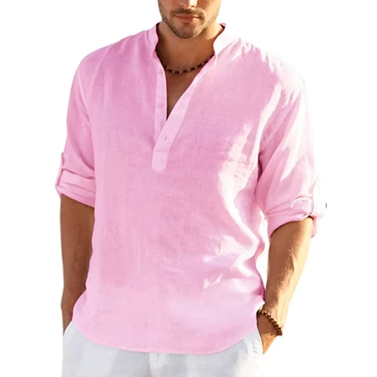 New Linen Cotton Shirts for Men Lightweight Long Sleeve Henley Beach Breathable Shirt