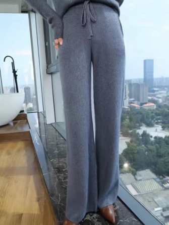 Women’s Cashmere Trousers Elastic Waist Wide Leg Pants Autumn Winter 100% Mink Cashmere Knitwear Pockets Casual Drawstring Pants