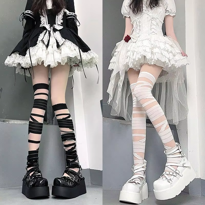 1PC Lolita Bandages Black/White Thin Jk Uniform Cross Straps Long Knee Length Stockings Gothic Sexy Women Tights Bottom Stocking