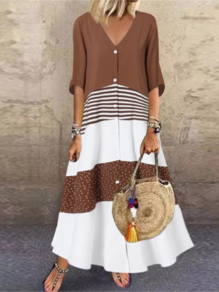 Color Blocked Printed Short Sleeved V-neck Button Up Women's Dress Street Versatile Artistic Retro Style Summer Dress