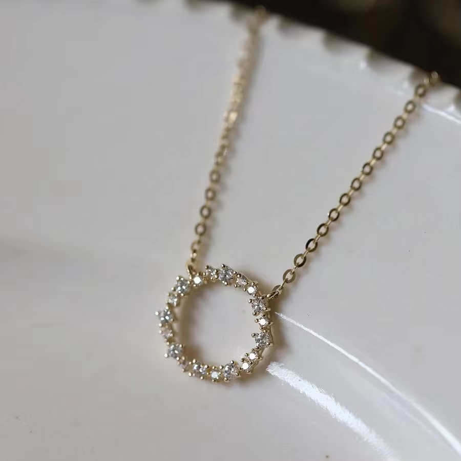 Hot Sale 925 Sterling Silver Plated 18K Gold Necklace with Full Diamond Circle Alternative style K Gold Collar Chain
