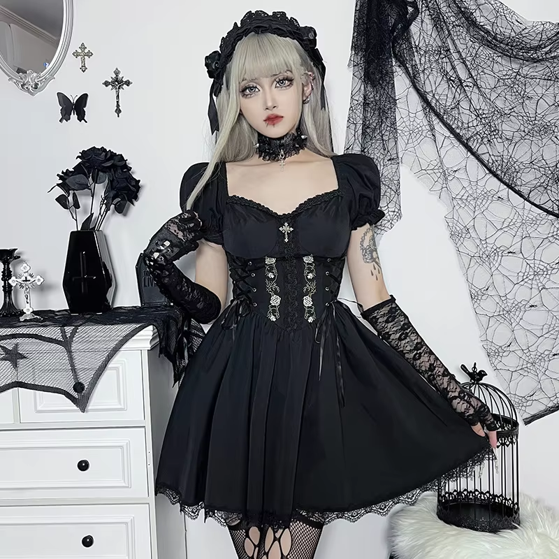 Goth Lolita Mall Gothic A-line Kwaii Mini Dresses Grunge Style Black Bandage Corset Dress Women Emo Embroidery Alt Clothes
