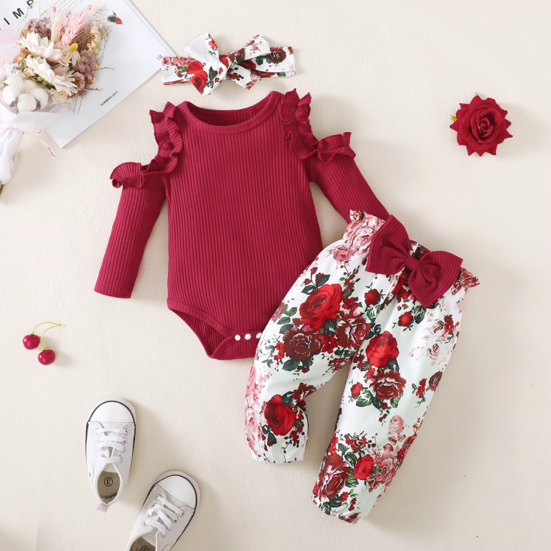 Newborn Baby Girl Clothes Set 3 6 Months Long Sleeve Single Breasted Tops Floral Print Pants Headband One Year Baby Outfits