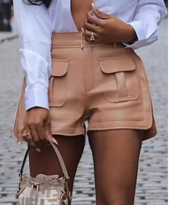 Fashion Khaki PU Leather Shorts Women Hipster High Waist Hip Pocket Wide Legs Pants Party Club England Style Female Bottoms Y2K