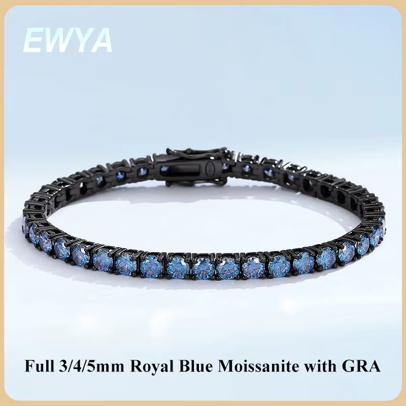 EWYA Full Royal Blue Moissanite 3/4/5mm Tennis Bracelet for Men Women Unisex 925 Silver Plated 18K Black Gold Hip Hop Bracelets