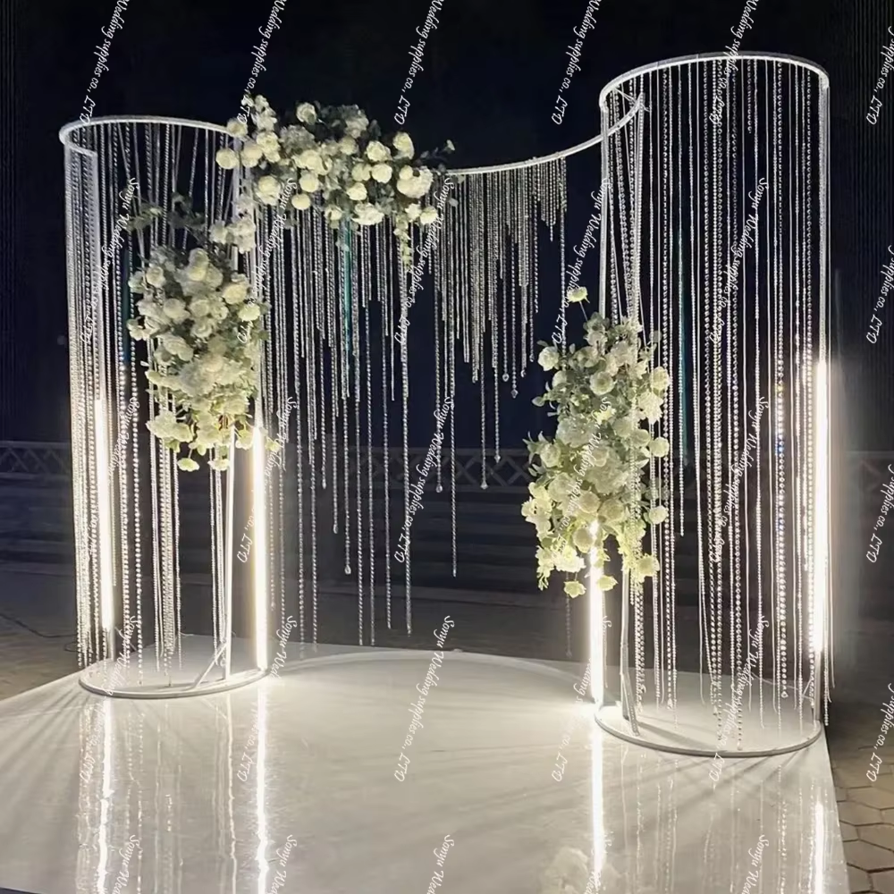 No light)curve shape metal acrylic bead backdrop Hollow Out White Golden Metal Gate Door Stand Backdrop Wedding