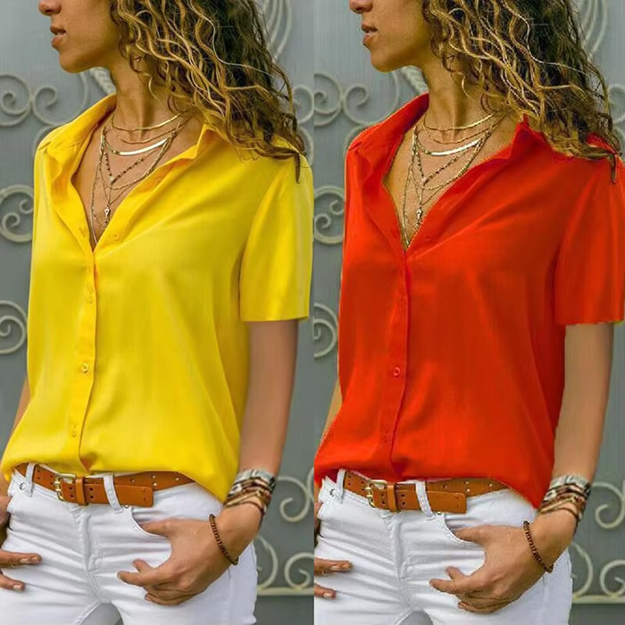 Women's Solid Color V-neck Button Short Sleeved Shirt Office Lady Red Solid Cardigan Blouse Tops Femme Blusas Camicie
