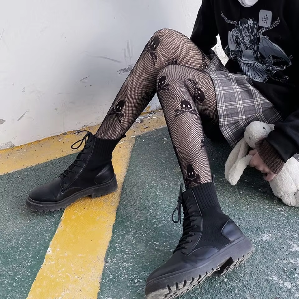 Sexy Tights Women Skull Mystery Thigh High Waist Stockings Gothic JK Lolita Mesh Nets Fishnet Pantyhose Ladies Gifts