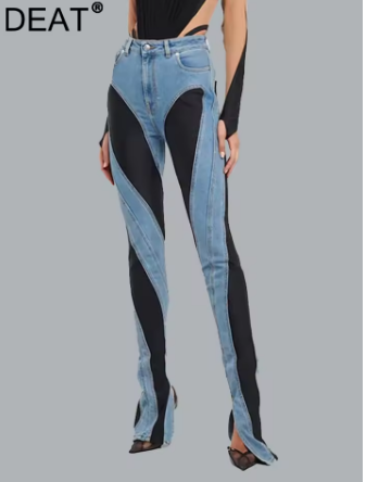 DEAT Trendy New Items Women's Patchwork Pencil Jeans 2025 Spring Fashion High Waist Buttons Pockets Denim Pants Female 1DF2575