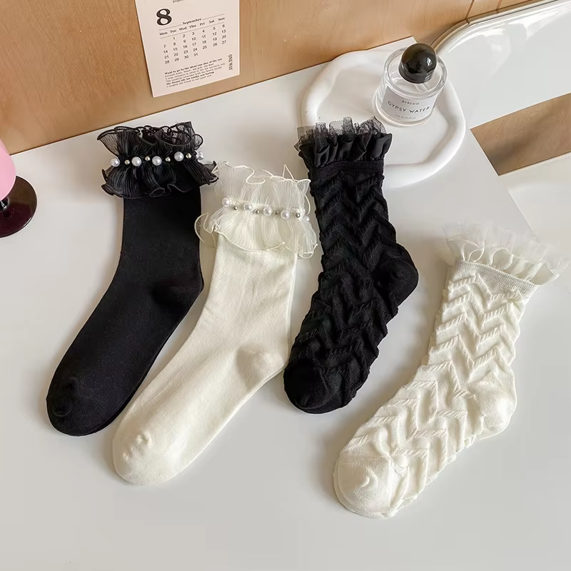 Lolita Lace Ruffle Socks Women Sweet Girls Pearl Kawaii Cute Princess Socks JK Japanese Style Solid Color Black White Long Socks