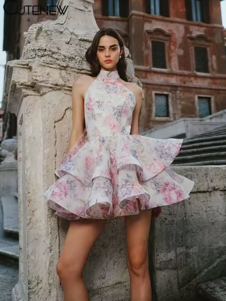 Cutenew Halter Lace Up Sweet Women Mini Dress Sexy Backless Ruffle Stacked A-line Bodycon Female Fashion Princess Party Vestidos