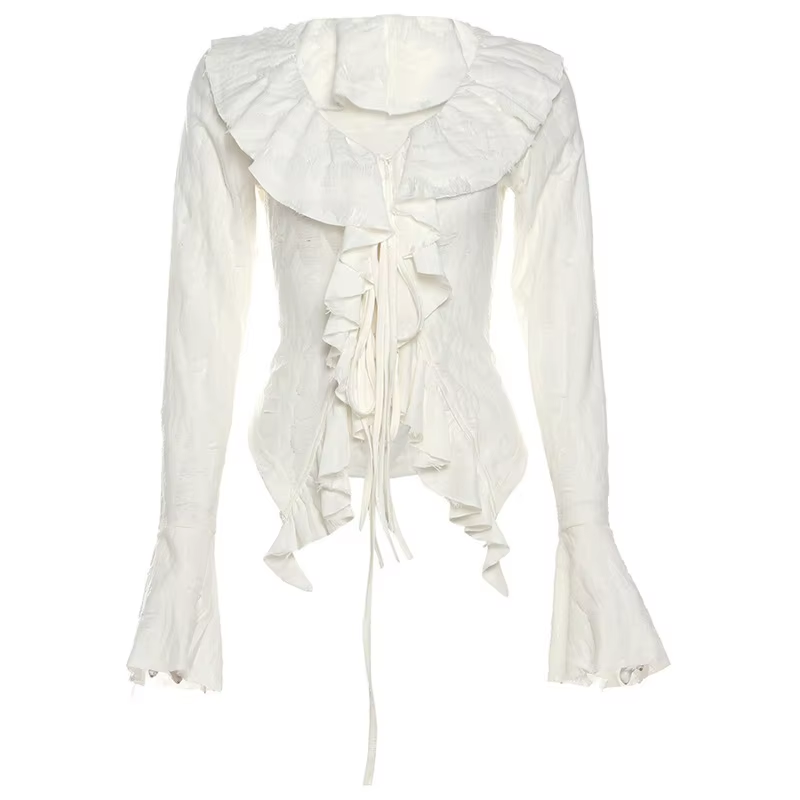 Lamuusaa Fairycore Top White Clothes Women Gothic Ruffled V Neck Flared Long Sleeve Ripped Blouse Shirt y2k Aesthetic Clothing