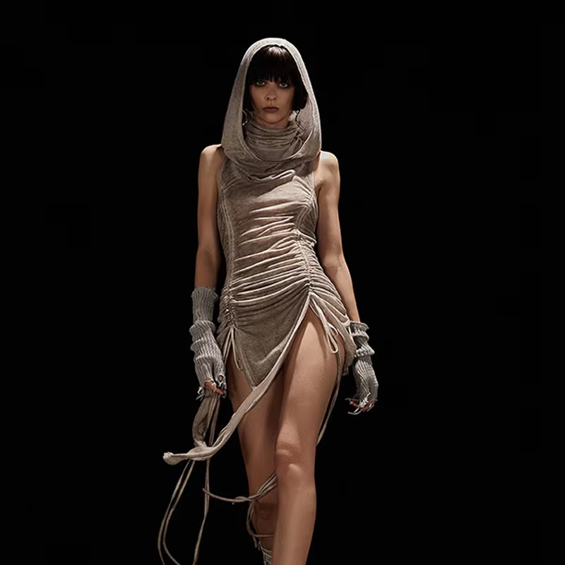 Gothic Desert Walker Hooded Dress Women Punk Split Side Midi Dress Medieval Vintage Cloak Vestidos Drawstring Fold Short Dresses