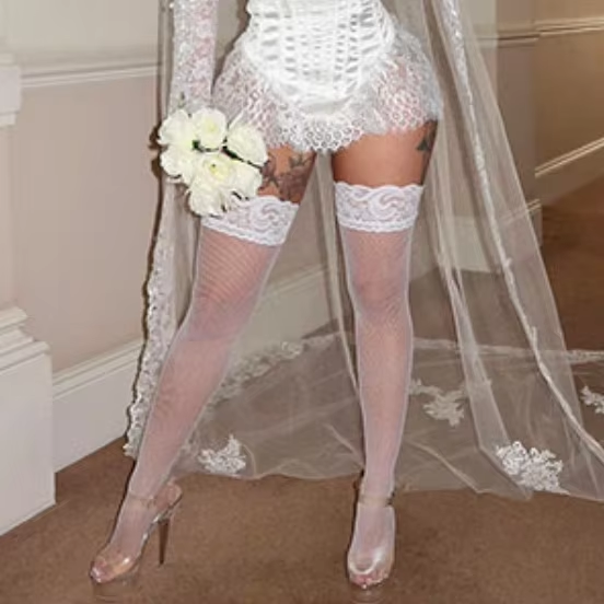 White Wedding Stockings for Women Costumes Sexy Lingerie Hosiery Plus Size Retro Lace Top Small Fishnet Thigh High Stocking