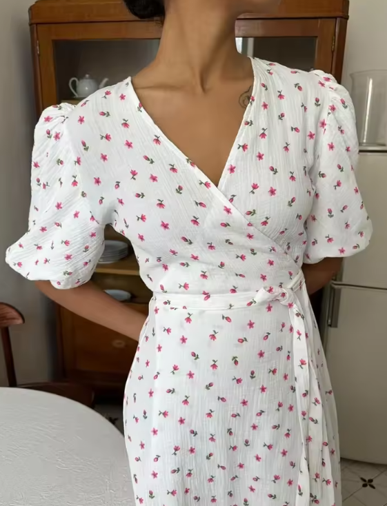 Wolfeel Summer Women Psrinted Dress Lace Up Short Sleeve Fashion Office Lady Long Dress 100% Cotton Daily Casual V-neck Skirt