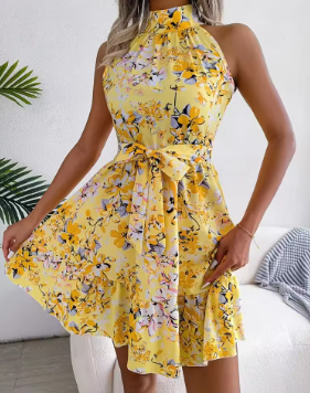 Sexy Spring Summer Floral Halter Neck Short Dresses Holiday Beach Sundress Casual Halter Short Dresses Clothes Women