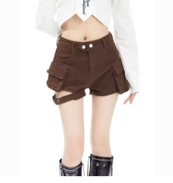 Women Brown Y2k Cargo Denim Shorts 2000s High Waist Wide Shorts Korean Harajuku 90s Vintage Baggy Jean Short Pants Clothes 2024