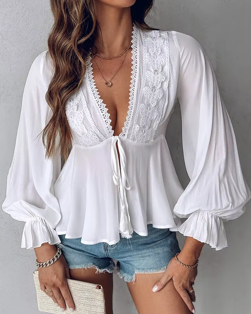 Blouses Women Fashion 2025 Spring Casual Solid Tops Sexy Plunge V-Neck Lace Patch Frill Hem Ruched Lantern Sleeve Top Lady Shirt