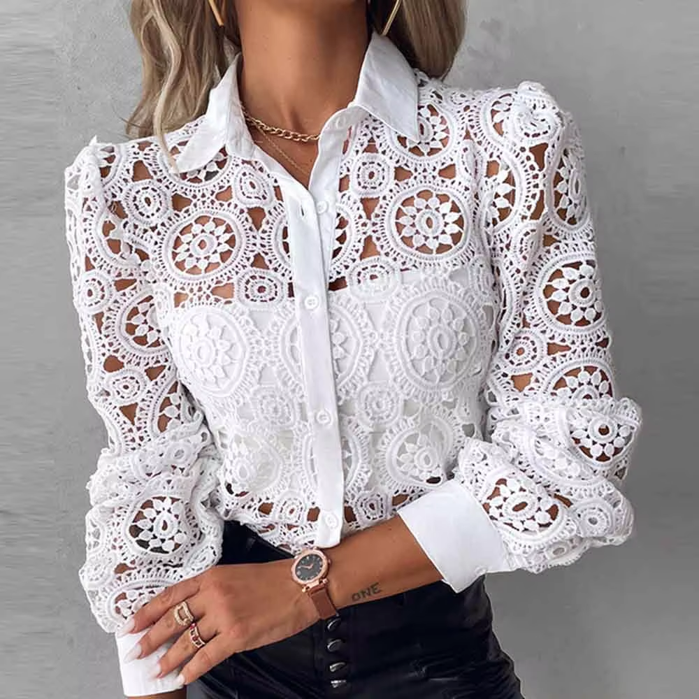 blusas elegantes para mujer 2024 Women White Lace Shirt, Unlined Long Sleeved Shirt, Fashionable Hollowed Out Vintage Top