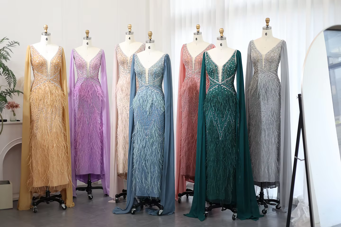 Sharon Said Luxury Feathers Blue Mermaid Evening Dress with Cape Sleeves Prom Dresses for Women Wedding Party SS027 Customized