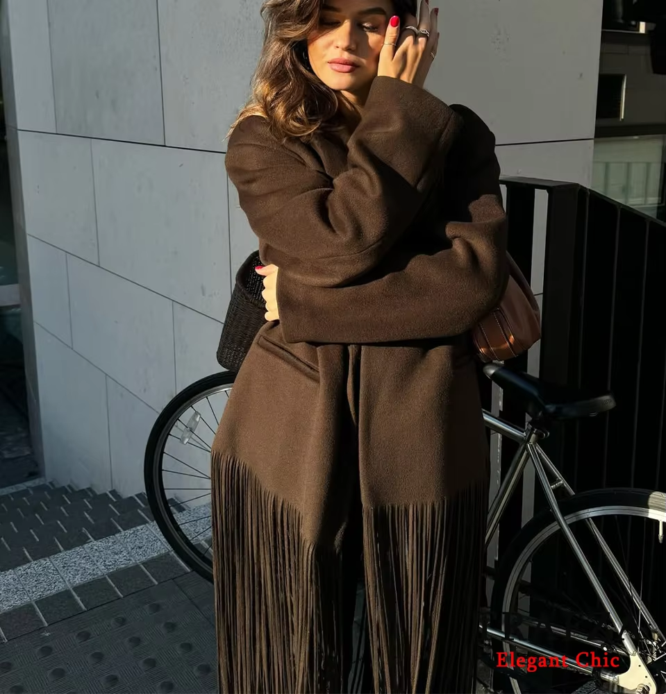 TRAFZA-Women Elegant Long Blazer Single Buttons Solid Fringed Coat New 2025 Fashion Spring Fall High Street Tassel Blazer Coat