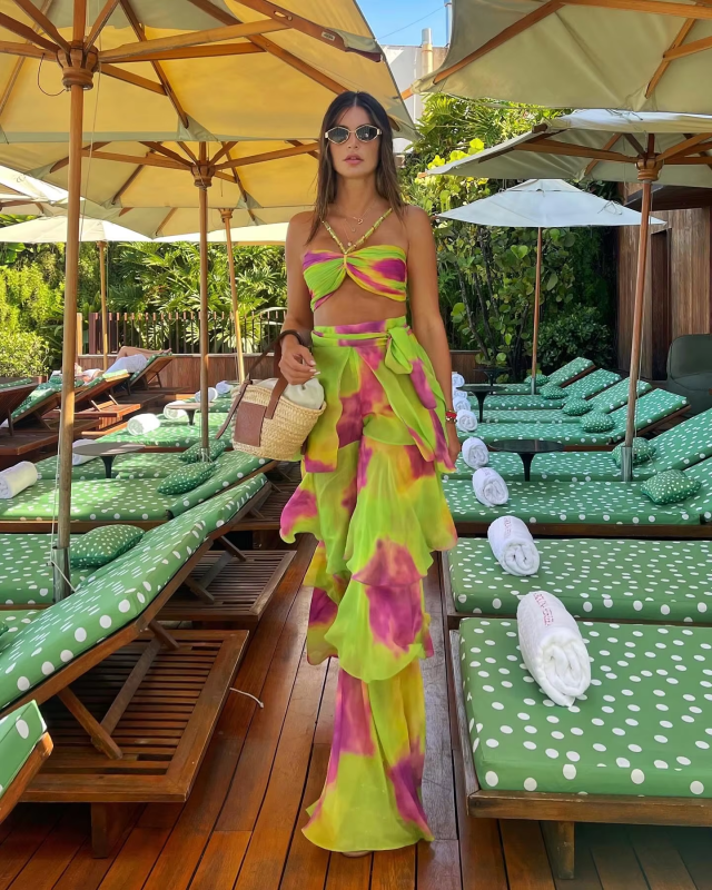 Sexy Print 3 Pics Women Bikini Set With Pants Pleated Bra High Waist Hollow Out Wide Leg Pants Suit Summer Beach Swimsuit