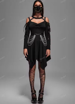 ROSEGAL Plus Size Gothic Asymmetrical Women's Clothing Long Tops Choker Lace Up Cutout Dress Black Tees Dual Use