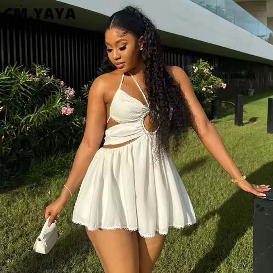 CM.YAYA 2024 Women Halter Strap Sleeveless Mini A-Line Dress Sexy Beading Backless Streetwear Evening Night Club Party Dresses
