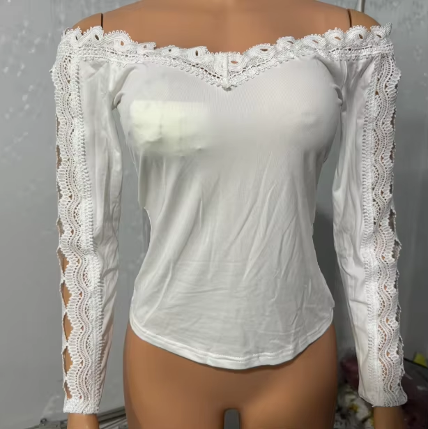 2023 Autumn Winter Spring New Fashion Casual Sexy Blouses Off Shoulder Hollow Out Lace Top Female Clothing TShirts Pullover Tops
