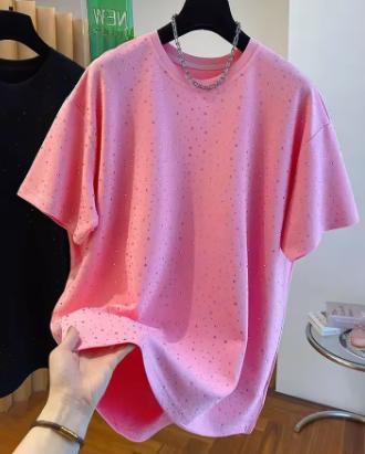 OCEANLOVE Dismonds T Shirt for Women Solid Spring Summer O Neck Casual Ropa De Mujer Korean Fashion Simple Loose Tees