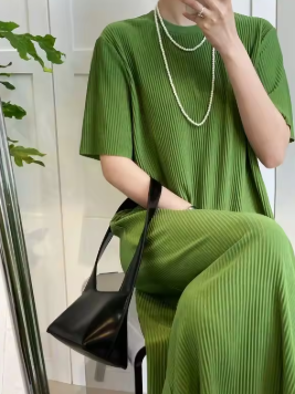 Pleated Screw Thread Summer Women Tshirt Dress Large Size Casual Over the Knee Solid Color Office Lady Comfortable Midi Dress