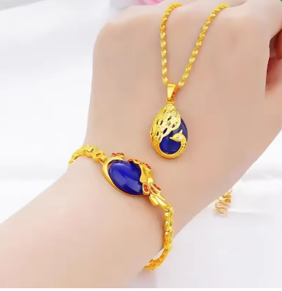 Luxury 24K yellow gold 9999 real gold Ladies Necklace Bracelet Peacock two-piece Pendant Cat's Eye AU750 Gold jewellery
