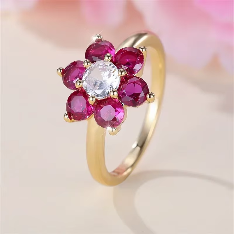 Charm Cherry Flower Rings For Women Rose Red Stone Cocktail Ring Wedding Bands Antique Gold Color CZ Engagement Party Jewelry