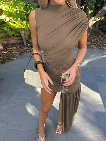 Brown Pleat Women Mini Vestidos Elegant Draped Ruched Turtleneck Sleeveless Slim Fit Dresses Summer Woman Club Party Short Dress