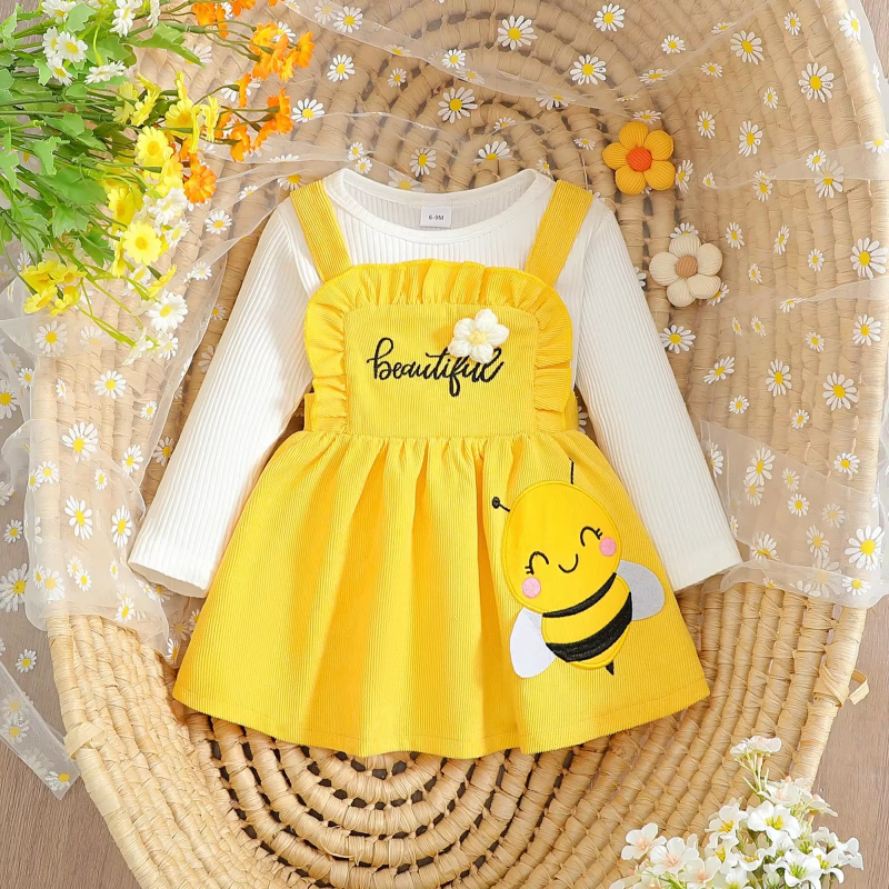 Newborn Baby Girl Clothes Set Long Sleeve Solid Color Top Bee Suspender Skirt Dress Cute Infant Girl Fall Winter Clothes Outfit