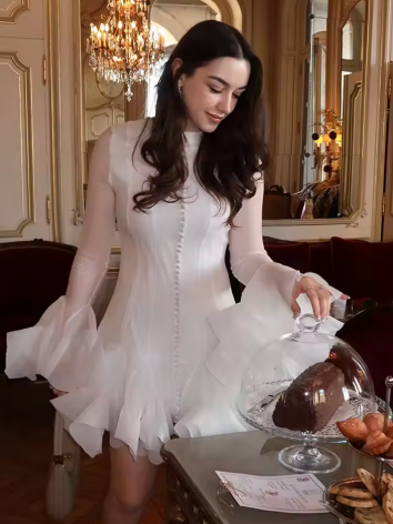 Trumpet Sleeves Puffy Short Dress Woman Single Breasted Lace Waist Cinching Solid Color O-Neck Dresses Elegant Women Mini Dress