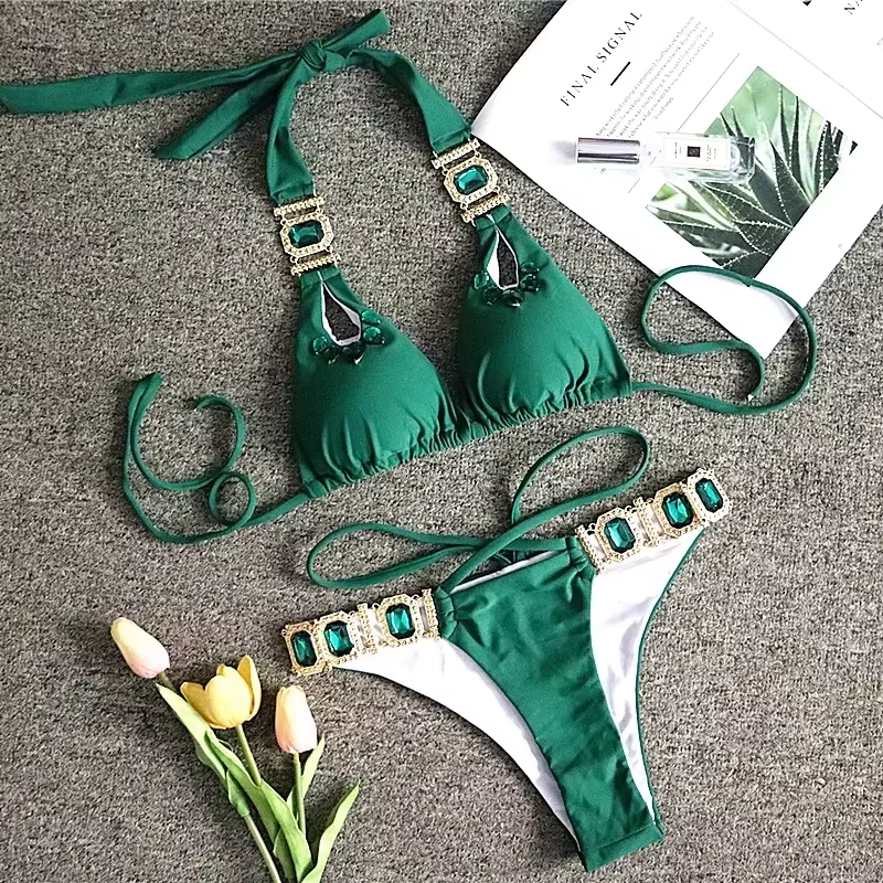 Sexy Rhinestones Thong Bikini Women Green Push Up Glitter Diamond Band 3 Piece Swimsuit Chain Metal Bathing Suit Luxury Swimwear