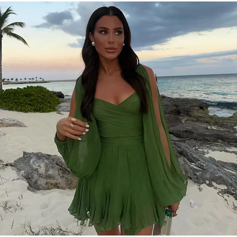 Women Sexy Chiffon Green Ruffles Split Dress V-neck Long Sleeve A Line Mini Dresses 2025 Female Holiday Beach Vacation Vestidos