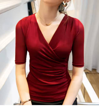 40-85kg Summer Thin Women Crossed V Neck Mesh T Shirts Lady Elegant Elastic Base Folds Tops Tees Female Half Sleeve T-Shirt