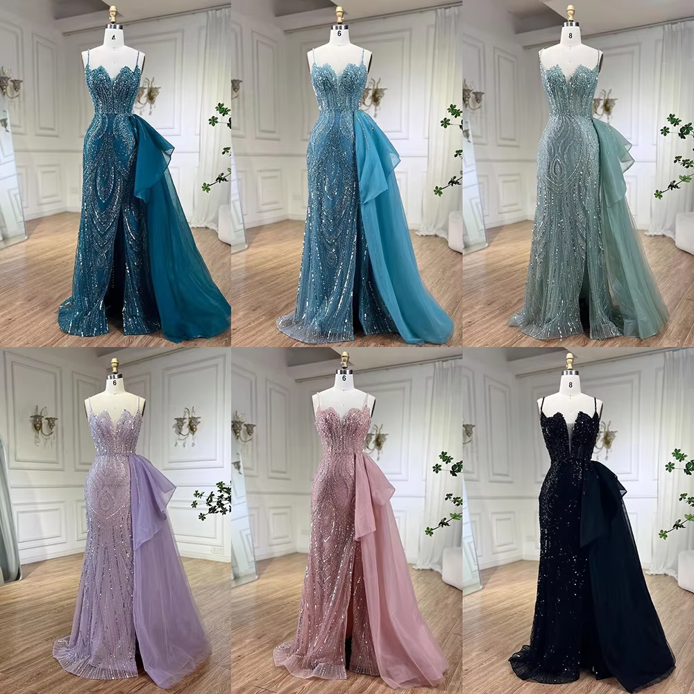 Serene Hill Sky Blue Spaghetti Strap Evening Dresses Gowns 2025 Mermaid Beaded Overskirt LA72378 Customized